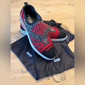 Prada Women’s Calzature Donna Knit Slip-On Sneakers — Black & Red 39